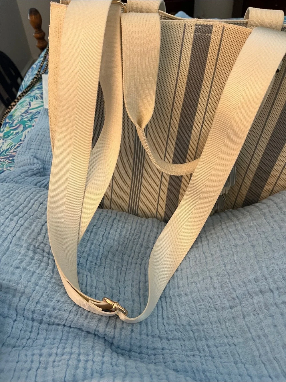 Wild Flower Cream & Gray Striped Canvas Tote with Tassel Accent
